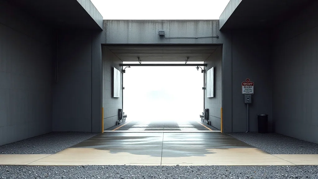 The concrete apron and open mouth of a small automatic wash tunnel, the spray arch visible inside, flat grey daylight.