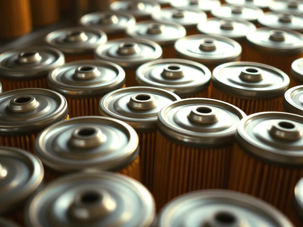 A close view of the plain metal tops of a dozen new spin-on oil filters standing in rows on a shelf.