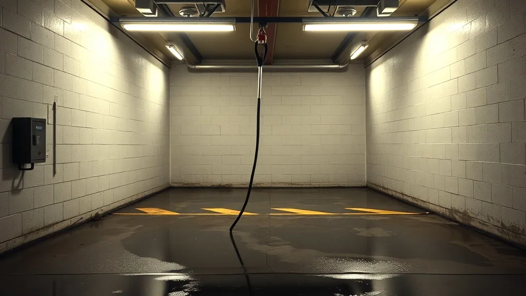 An empty self serve wash bay at night, the pressure wand hanging on its hook against the block wall, ceiling lights reflected on the wet floor.